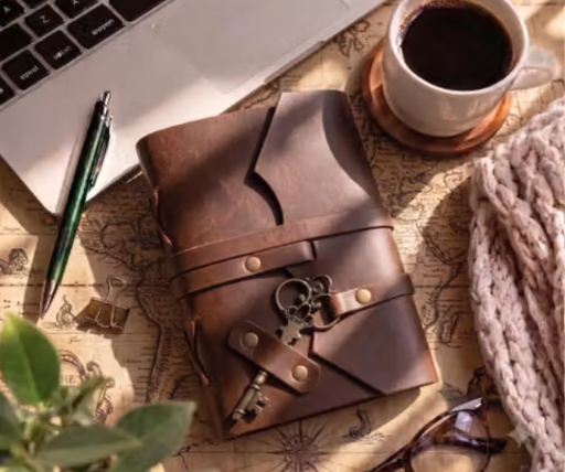 Handcrafted Vintage Dark Brown PU Leather Journal Diary with Antique Key Closure (6x4 Inches, A6 Size) – 200 Unruled Blank Pages | Hand-Stitched Pocket Notebook, Sketchbook & Executive Gift for Men & Women